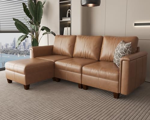 Faux Leather Modular Sectional Sofa with Storage, Mid Century Modern Sectional Couches for Living Room, 91" Wide 3 Seater L-Shaped Couch with Ottoman, Brown