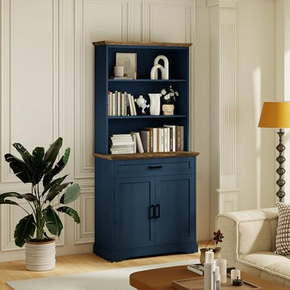 72" Bookcase with Doors & Drawer, Blue Adjustable Bookshelf with Cabinet, view 7