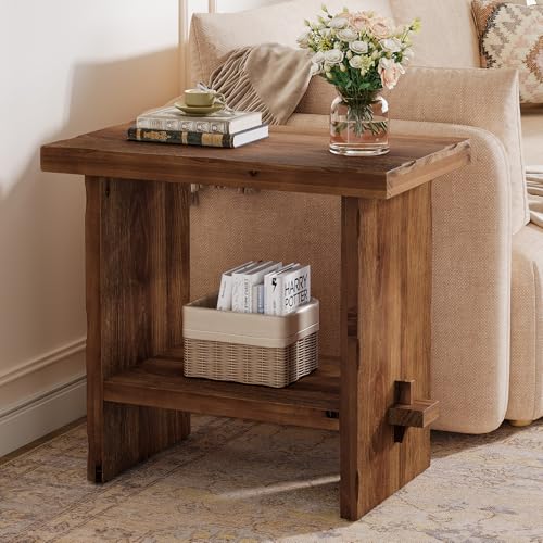 Solid Wood Side Table, 2-Tier End Table with Solid Base, Accent Furniture Bedside Nightstand Storage for Living Room and Bedroom, Small Spaces, Assembly Required