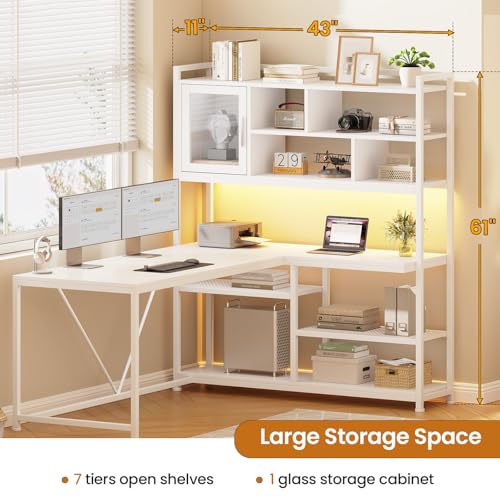 L Shaped Computer Desk, 58'' Office Desk with LED Light and Bookshelf, L Shaped Corner Desk with Storage Shelves for Home Office, Gaming Desk, L Desk, White