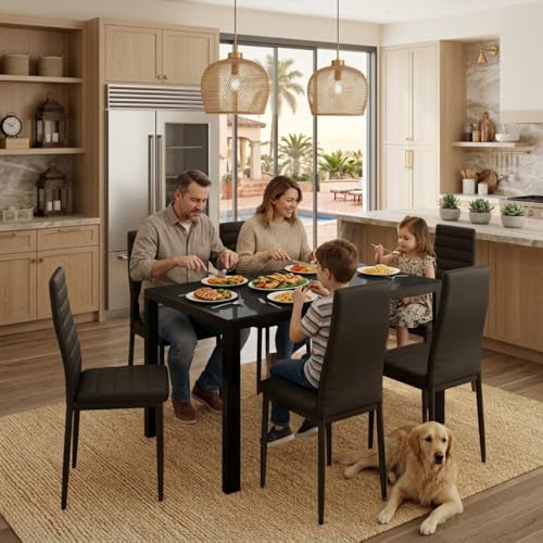 Glass Dining Table Sets for 6, 7 Piece Kitchen Table and Chairs Set for 6 Person, PU Leather Modern Dining Room Sets for Home, Kitchen, Living Room