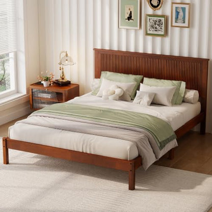 JIVOIT Queen Size Solid Rubber Wood Platform Bed with Wave-Styled Headboard | Bed Frame, Central Support Beams, Reinforced Platform Feet, Underbed Storage Space, Wood Slats Support, Bedroom