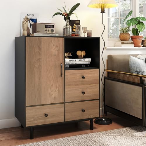 Storage Cabinet with 4 Drawers, Door and Open Compartment, 18" x 31.5" x 38.5" Inches, Metal Support Legs, Freestanding Side Cabinet, Buffet Sideboard for Living Room, Dining Room, Entryway