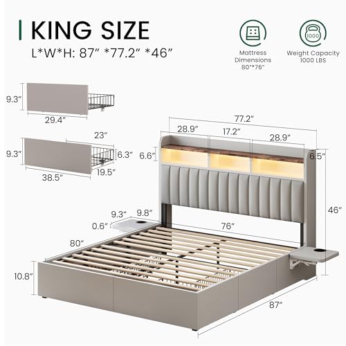 King Bed Frame with 4 Storage Drawers and Built-in Adjustable Desk, view 3