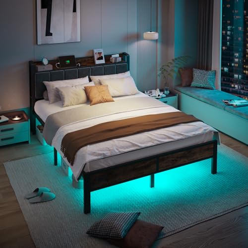 Queen Metal Bed Frame with LED Lights and Storage, view 6