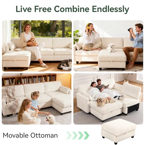 109'' Modular Sectional Sofa, L Shaped Couch with Storage Ottoman, Comfy Cloud Sofa with Deep Seat, 4 Seat Convertible Sectional Couches for Living Room(Beige, High Legs 3.15'')