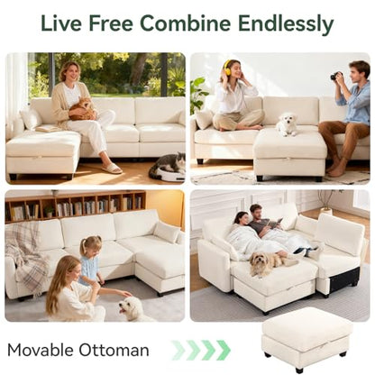 109'' Modular Sectional Sofa, L Shaped Couch with Storage Ottoman, Comfy Cloud Sofa with Deep Seat, 4 Seat Convertible Sectional Couches for Living Room(Beige, High Legs 3.15'')