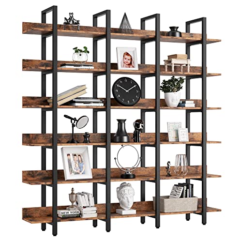 Bookcase and Bookshelves Triple Wide 6 Tiers Large Open Shelves, Etagere Bookcases with Back Fence for Home Office Decor, Easy Assembly, Vintage Brown