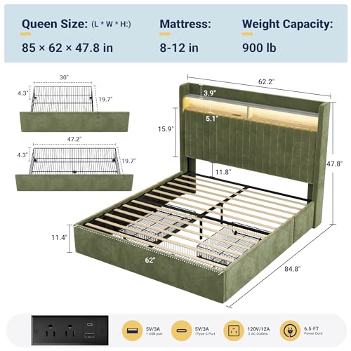 Queen Upholstered Platform Bed Frame with 3 Spacious Storage Drawers, Built-in LED Lights & Charging Station, Vertical Tufted Headboard with Shelf, No Box Spring Needed, Velvet Green
