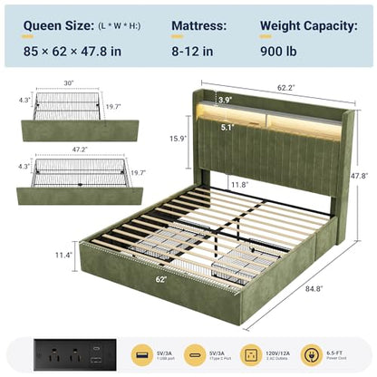 Queen Upholstered Platform Bed Frame with 3 Spacious Storage Drawers, Built-in LED Lights & Charging Station, Vertical Tufted Headboard with Shelf, No Box Spring Needed, Velvet Green