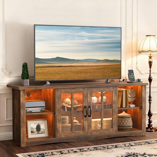 Farmhouse LED TV Stand with Power Outlet for 65 Inch TV, Brown, view 2
