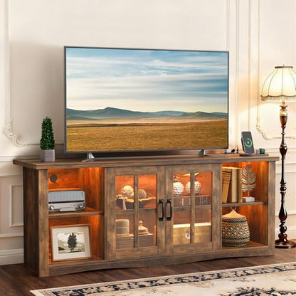 Farmhouse LED TV Stand with Power Outlet for 65 Inch TV, Brown, view 2