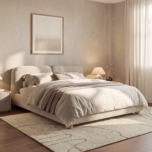 King Size Upholstered Bed Frame with Bouclé Fabric, Thick Curved Headboard, view 4
