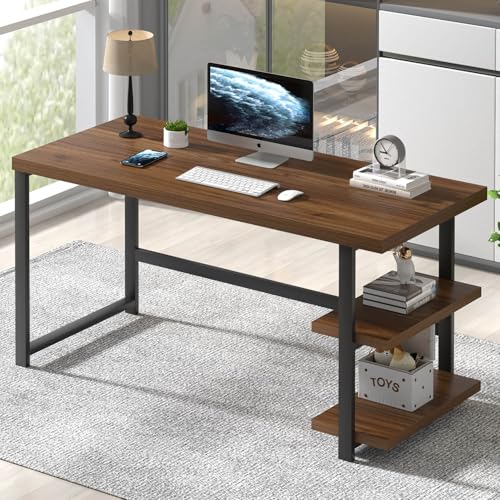 Modern Computer Desk, Wood Home Office Desk, Study Writing Gaming Table Workstation with Storage Shelves for Living Room Bedroom, Rustic Walnut, 53 Inch