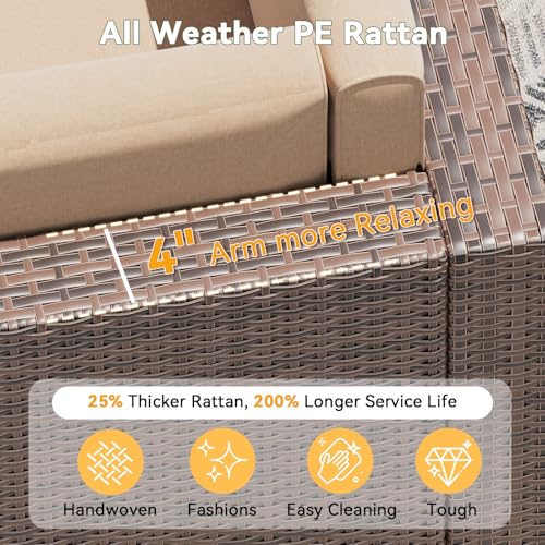 8 Piece Patio Furniture Set, Wicker Outdoor Furniture with Large Storage Table, Patio Conversation Sets with Waterproof Cover, Outdoor Sectional Sofas for Backyard Garden(Brown/Khaki)