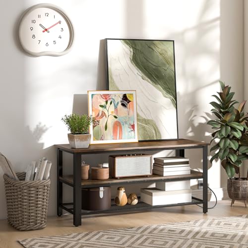 Small TV Stand for TVs up to 50 Inch, 3-Tier TV Console Table with Power Outlets, USB Ports, Storage Shelves, Industrial Media Entertainment Center for Living Room (Rustic Brown, 43.5”L)