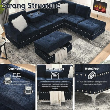 Living Room Furniture Sets, L-Shape Sectional 5-Seater Sofa with Extra Wide Reversible Chaise, Storage Ottoman and Cup Holders and Copper Nails, 2 Pillows, Navy Blue