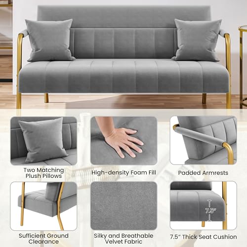 Yaheetech 56.5" W Modern Sofa Small Sofa Luxurious Velvet Fabric Couch with Gold-Tone Metal Arms and Legs for Living Room, Home Office, Studio Light Gray