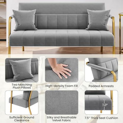 Yaheetech 56.5" W Modern Sofa Small Sofa Luxurious Velvet Fabric Couch with Gold-Tone Metal Arms and Legs for Living Room, Home Office, Studio Light Gray