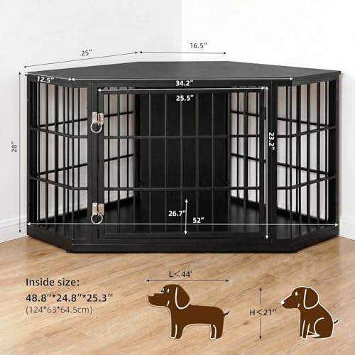 52 Inch Dog Crate Furniture Corner for Large Dogs, Black, view 3