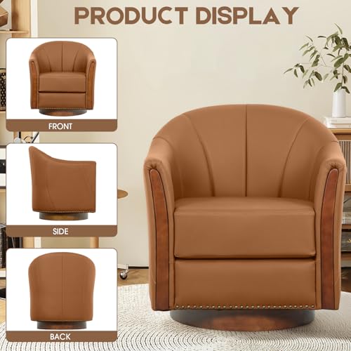 360° Swivel Accent Chair, Leather Swivel Barrel Chairs with Nailhead Trim & Wood Base, Round Armchair Club Chair, Modern Reading Chairs for Living Room (BX01, Wood Brown)