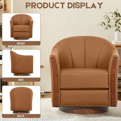 360° Swivel Accent Chair, Leather Swivel Barrel Chairs with Nailhead Trim & Wood Base, Round Armchair Club Chair, Modern Reading Chairs for Living Room (BX01, Wood Brown)