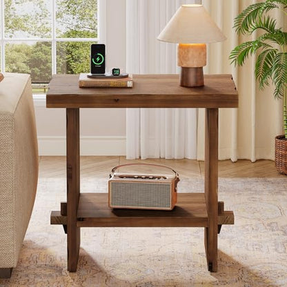 Solid Wood Side Table, Wooden End Table with Solid Base, Accent Furniture Bedside Storage for Living Room and Bedroom (2, Brown)