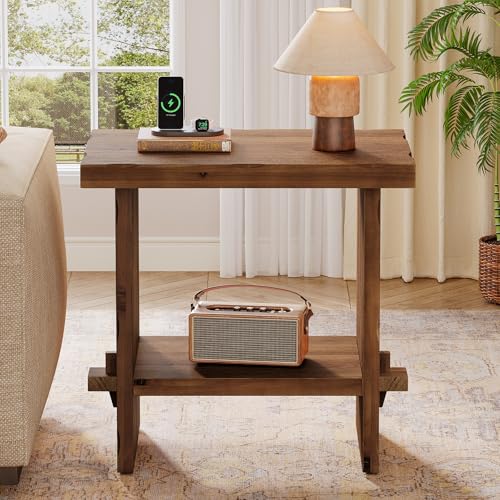 Solid Wood Side Table, 2-Tier End Table with Solid Base, Accent Furniture Bedside Nightstand Storage for Living Room and Bedroom, Small Spaces, Assembly Required