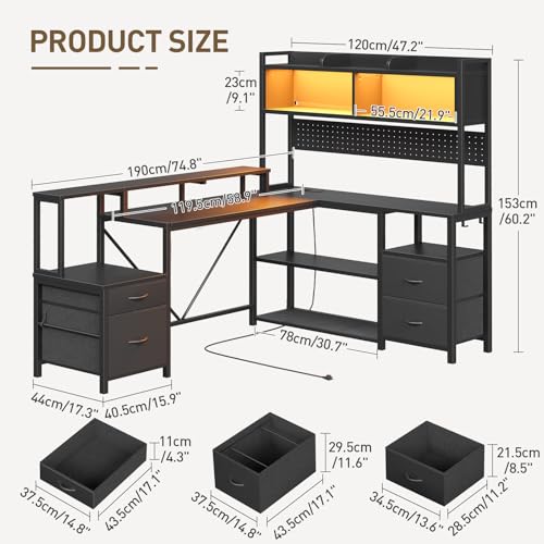 75" L Shaped Gaming Desk with Hutch, L Shaped Desk with Drawers, LED Light, Power Outlets & Pegboard, Corner Desk with Storage Shelves & Monitor Stand for Home Office, Black