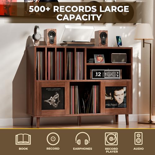 XL Record Player Stand with Sliding Doors,500+ Vinyl Record Storage Cabinet, view 6