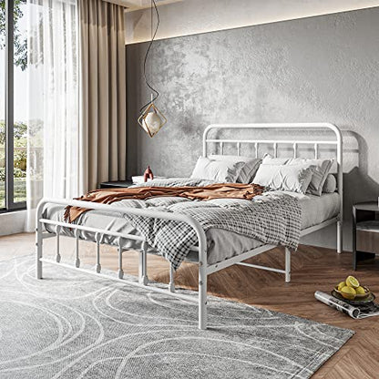 Full Size Bed Frame with Headboard and Footboard Vintage Metal White, view 2