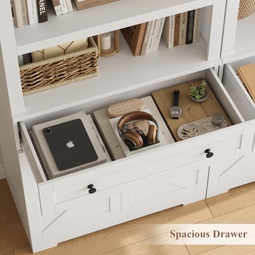 72" Tall Book Shelf and Bookcase, 14" Deep Bookshelf with Drawer and Doors, Farmhouse Book Case with Storage, Wood Storage Cabinet with Display Shelves for Home Office, Living Room, White