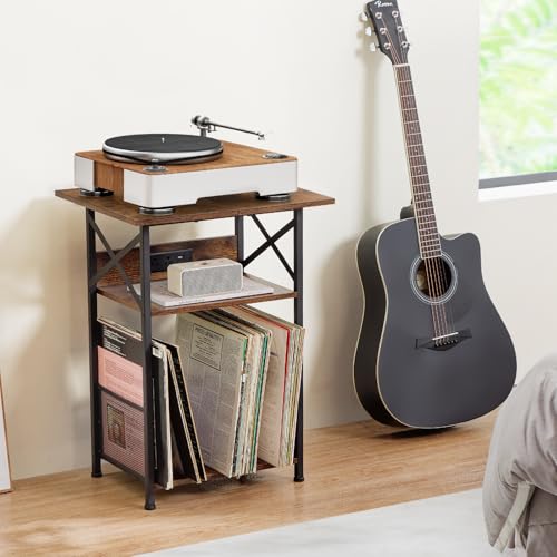 Record Player Stand with Charging Station, Vinyl Record Storage, view 3