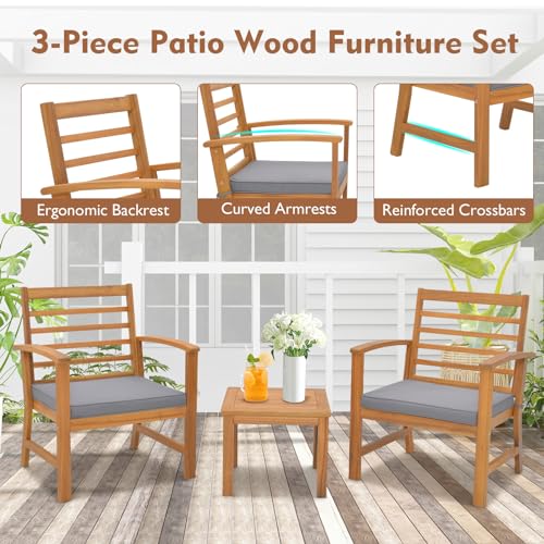 3 Pieces Outdoor Furniture Set, Acacia Wood Conversation Set with Soft Seat Cushions, Stable Acacia Wood Frame, Patio Sofa & Coffee Table Set for Backyard, Porch, Poolside (Grey)