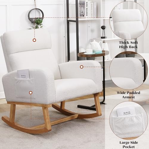 Rocking Chair Nursery, Sherpa Nursing Rocking Armchair for Mom Nursery Morden Rocker Chair with High Backrest for Living Room,Bedroom,Teddy White