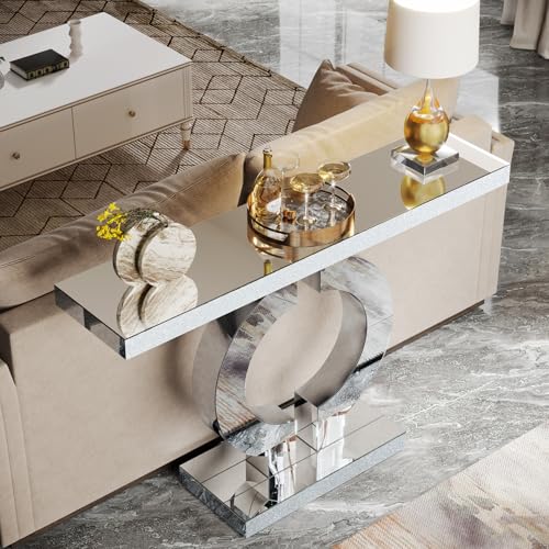 Tribesigns 43" Silver Entryway Table with O-Shaped Base, Modern Rectangle Mirrored Sofa Console Table for Living Room, Hallway, Entrance (Silver)