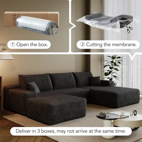 107.7" Boneless Sectional Couch Modern Modular U - Shape Corduroy Upholstered Sofa for Living Room - Deep Seat with Chaise and Ottoman(Black, 2 Seater+Right Facing Chaise+Ottoman)