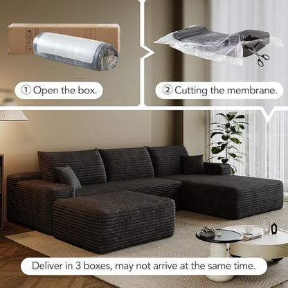 107.7" Boneless Sectional Couch Modern Modular U - Shape Corduroy Upholstered Sofa for Living Room - Deep Seat with Chaise and Ottoman(Black, 2 Seater+Right Facing Chaise+Ottoman)