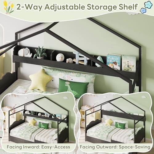 Twin House Bed Frame with 2 Drawers & Curved Headboard, Black, view 6
