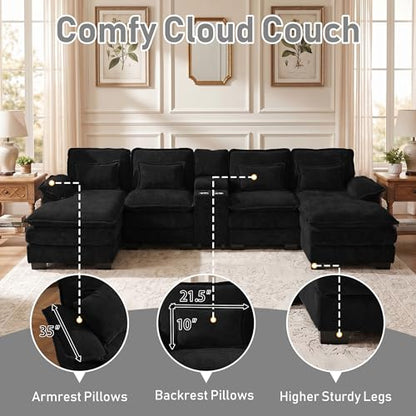 133" Oversized U Shaped Cloud Couch Modular Sectional Couches for Living Room Comfy Chenille Deep Seat Sofa Set with Double Chaise Lounge, Storage Central Console, Cup Holders, USB Port, Dark Black
