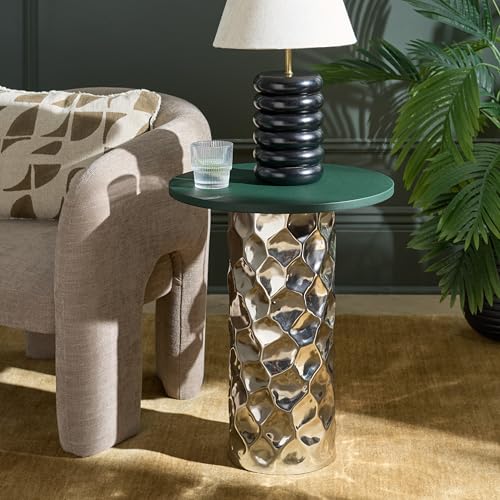 SAFAVIEH Home Collection – Hasu Green Faux Leather & Silver Metal Side Table, Round Top Accent Table (FOX5534A)