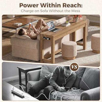 63" Console Table with Charging Station, 13.8" Deep Farmhouse Sofa Table Behind Couch with 2 AC Outlets & 3 USB Ports, Long Entryway TV Console or Home Office Desk, Natural Oak