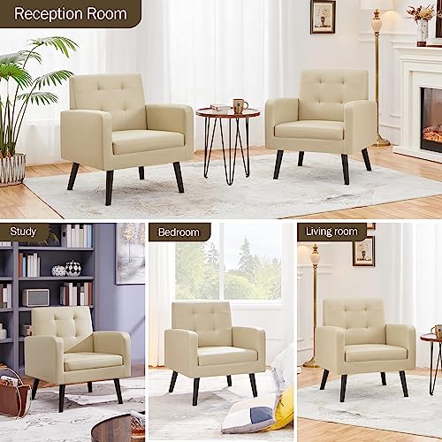 Yaheetech Mid-Century Accent Chairs, PU Leather Modern Upholstered Living Room Chair, Cozy Armchair Button Tufted Back and Wood Legs for Bedroom/Office/Cafe Beige 2PCS