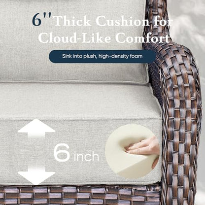 Luxury 6" Thick Cushioned Outdoor Swivel Rocker Patio Chairs of 2, High Back Wicker Patio Furniture Set with Ergonomic Zone Back, Conversation Glider Set for Deck Porch - Brown+Beige