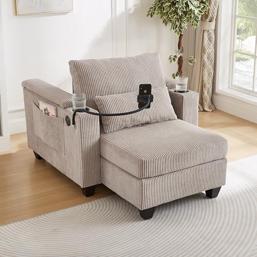 Modern 37.4" Upholstered Indoor Chaise Lounge with USB Ports, view 4