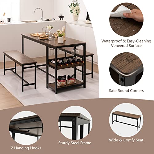 Dining Table Set for 4, 3-Piece 55" L Kitchen Table Set w/ 2 Benches, Breakfast Table w/ 5-Bottle Wine Rack & Glass Holder, Space-Saving Dinette Set for Dining Room, Kitchen, Apartment
