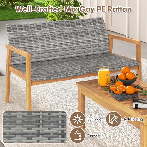 4 Pieces Outdoor Furniture Set, Acacia Wood Frame Sofa Set w/Rattan Seat & Back, Patio Conversation Set w/Coffee Table for Balcony, Poolside, Backyard (Mix Gray)