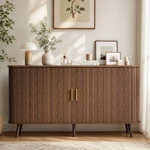 55" Sideboard Buffet Cabinet with Storage & Sliding Door, Walnut, view 2