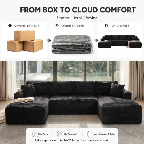 133" Oversized Cloud Boneless Sofa Couch with Chaise, Modern Corduroy U Shaped Modular Sectional Sofa with Deep Seat, Comfy Couch with Cupholders and Storage, No Assembly Required-Black