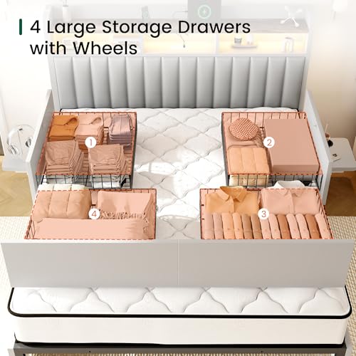 King Bed Frame with 4 Storage Drawers and Built-in Adjustable Desk, view 4